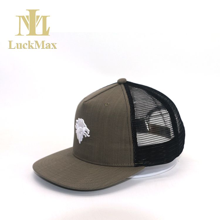 Trendy Flat Brim Trucker cap Slubbed fabric Snapback Hat with Mesh Embroidered Logo Custom Your Own 3D Embroidery pattern