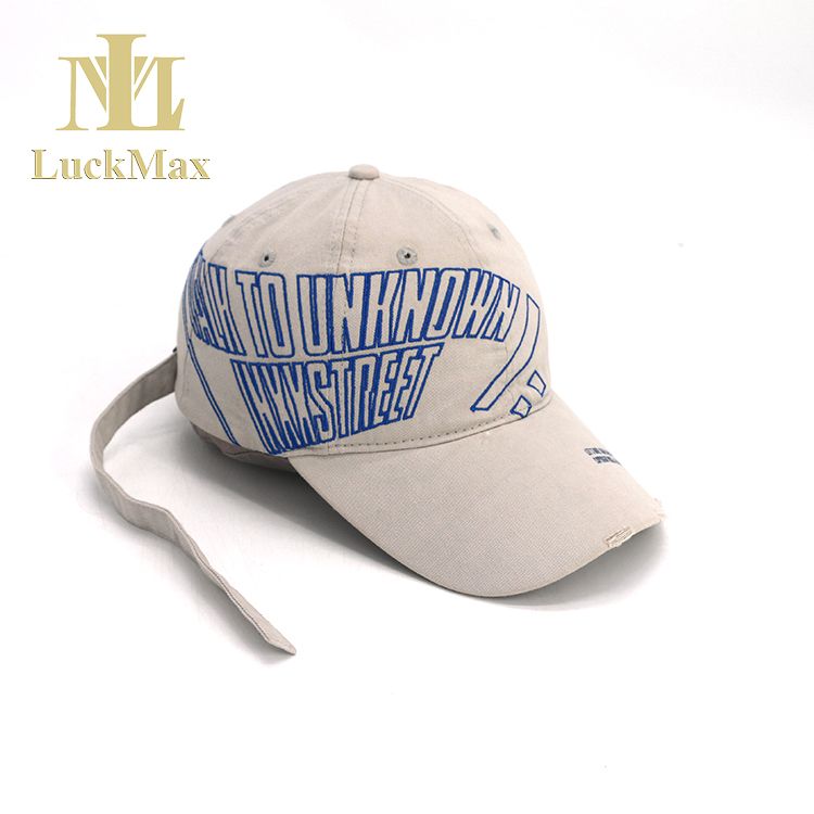 Korean style Long Strap Baseball Cap Fashion Distressed 6-Panel Dad Hats with Embroidered logo customization of the brand