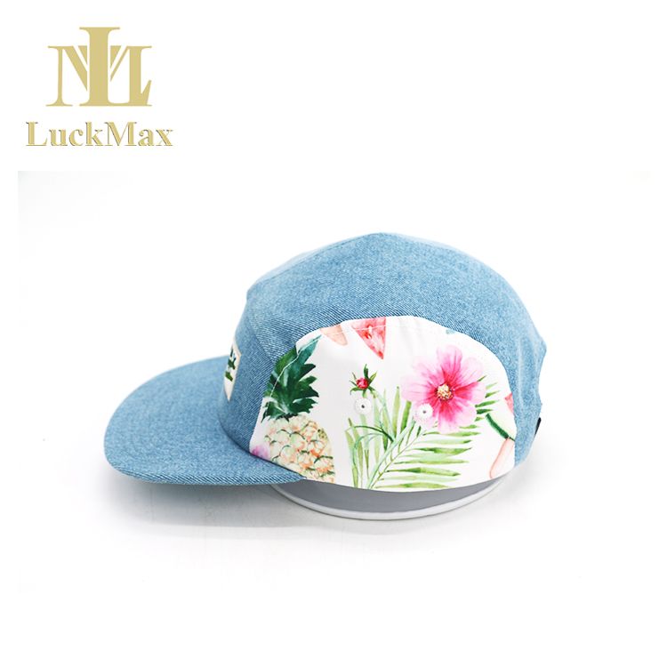 2021 New Trends 5 Panel Hat With Special Printing Denim Material Skullcap Custom Color DIY Logo Blue Embroidered Logo