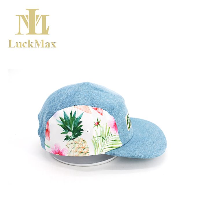 2021 New Trends 5 Panel Hat With Special Printing Denim Material Skullcap Custom Color DIY Logo Blue Embroidered Logo