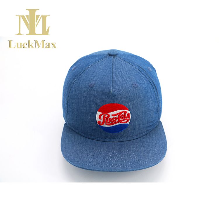 Trending Custom Logo Blue Pepsi Snapback Cap with 5 Panels Embroidered Logo OEM Tag Adjustable Plastic Closure Hip Hop Fashion