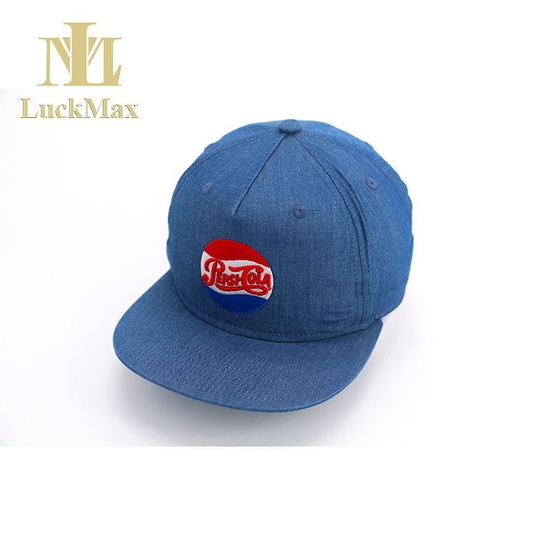 Trending Custom Logo Blue Pepsi Snapback Cap with 5 Panels Embroidered Logo OEM Tag Adjustable Plastic Closure Hip Hop Fashion