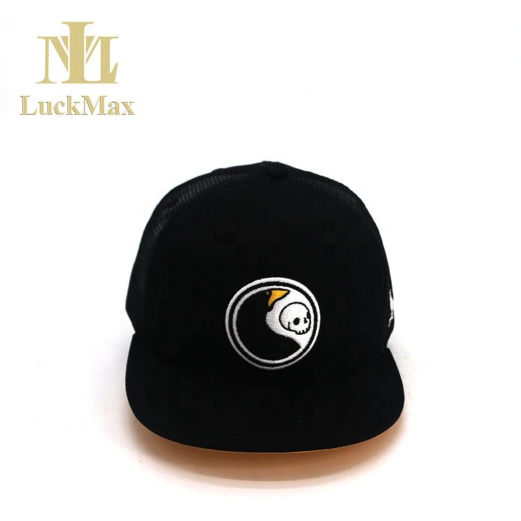 Skull Wholesale OEM Design Custom Cotton Sports 6 Panel mesh cap Snapback Caps with flat brim Embroidered Unisex Customized Logo