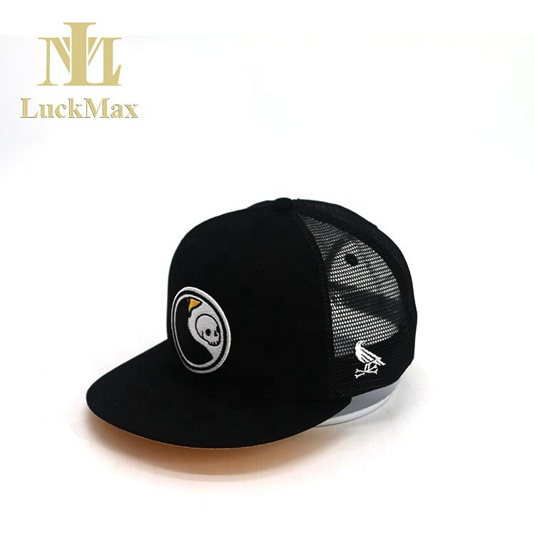 Skull Wholesale OEM Design Custom Cotton Sports 6 Panel mesh cap Snapback Caps with flat brim Embroidered Unisex Customized Logo