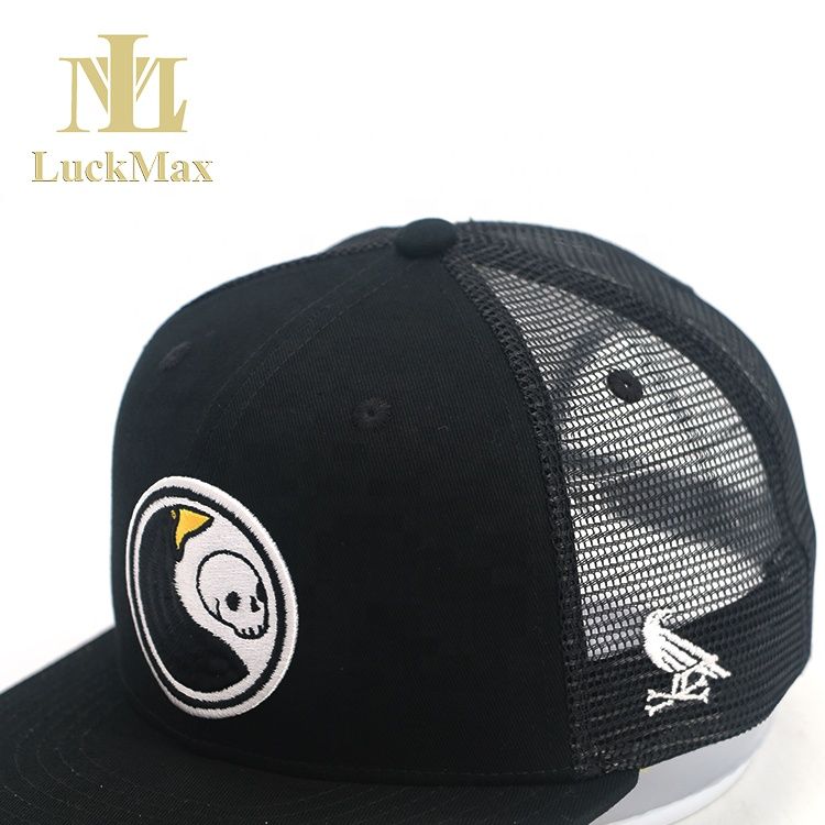 Skull Wholesale OEM Design Custom Cotton Sports 6 Panel mesh cap Snapback Caps with flat brim Embroidered Unisex Customized Logo