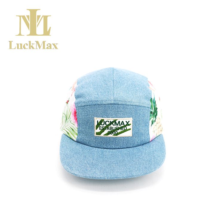 2021 New Trends 5 Panel Hat With Special Printing Denim Material Skullcap Custom Color DIY Logo Blue Embroidered Logo